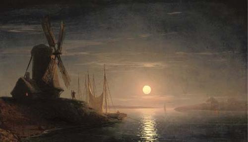 Ivan Aivazovsky A windmill overlooking a moonlit bay oil painting image